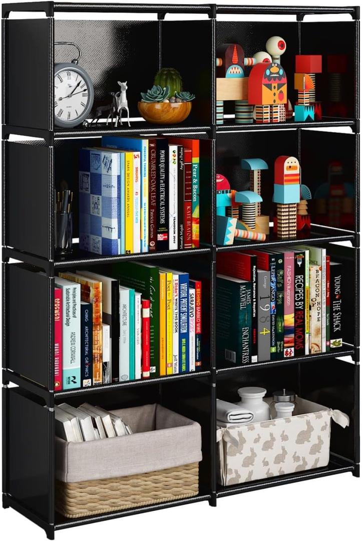 JIUYOTREE 5-Tiers Portable Bookshelf with Fabric Cloth at Back, 8 Cube Closet Storage Organizer Bookcase, Living Room, Study Room, Bedroom, Black
