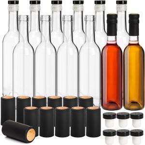 Cedilis 12 Pack Glass Wine Bottles, 12oz /375ml Bordeaux-Style Glass Bottle, Clear Empty Liquor Bottles with T-Top Caps and Shrink Capsule Cap