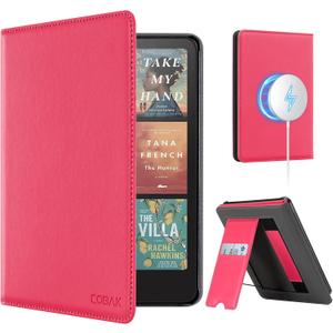 CoBak Case with Stand for Kindle Paperwhite 12th Gen 2024 Released (7") & Kindle Colorsoft Signature Edition - Durable PU Leather Cover with Auto Sleep Wake, Card Slot, Hand Strap Feature, Raspberry