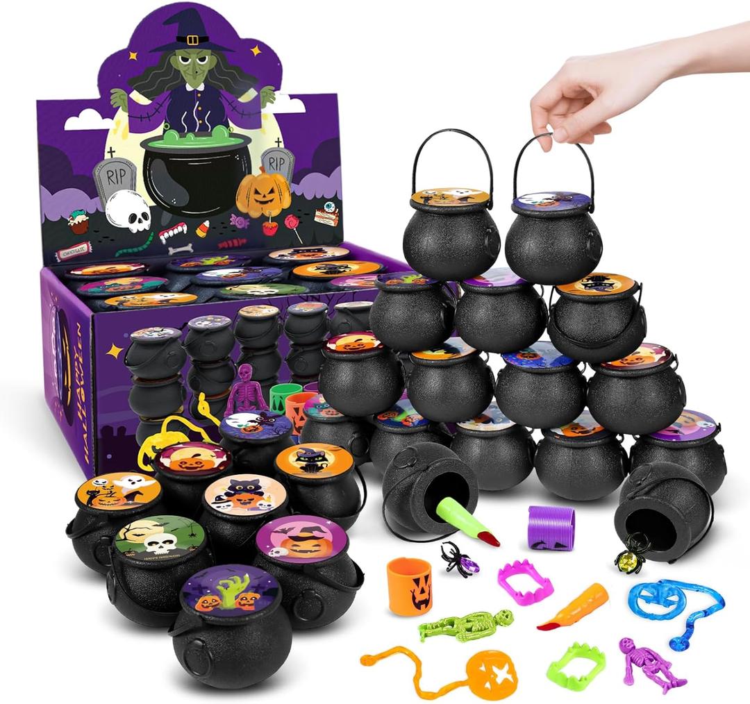 162Pcs Halloween Party Favors for Kids, 18 Prefilled Mini Plastic Witch Cauldron Halloween Goodie Bag Pinata Fillers Halloween Treats Non Candy Bulk Classroom Prizes Trick or Treat Toys Party Gifts