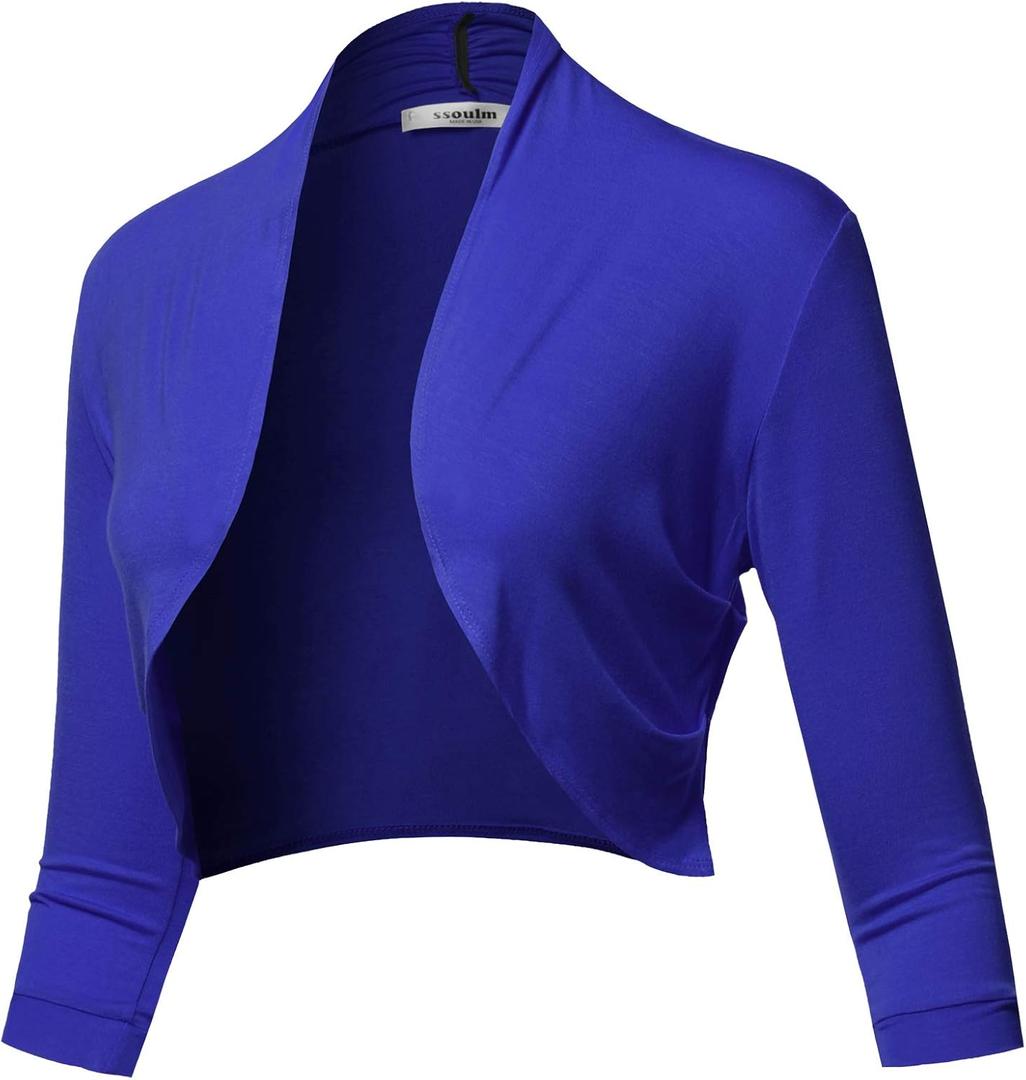 SSOULM Women's 3/4 Sleeve Open Front Bolero Shrug Cardigan, Size S