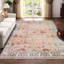 Vintage Machine Washable Area Rug 5x7 Pink/Multi Low-Pile Indoor Floral Print Carpet Non Slip Printed Vintage Boho Rug for Living Room