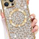 Fiyart Designed for iPhone 16 Pro Max Case, Compatible with MagSafe Cheetah Print Plating Camera Protection Magnetic Clear Glitter Leopard Print Shockproof Phone Bumper for Women Girls 6.9"-Gold