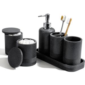 Bathroom Accessories Set, 6Piece Bathroom Accessory Set, Toothbrush Holders Set, Soap Dispenser, Vanity Tray, Tumbler, Cotton Swab Jars, Bathroom Organizer for Modern Bathrooms(Matte Black)