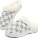 UBFEN Womens Slippers Classic Plaid Winter Warm with Memory Foam Fluffy House Shoes Platform Indoor Bedroom (7-8, B-white Grey)