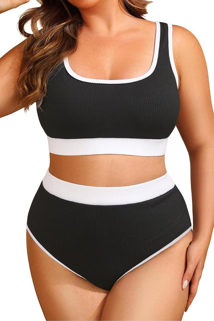 Tempt Me Women Black White Plus Size High Waisted Bikini Set Tummy Control Two Piece Swimsuit Full Coverage Sporty 2 Piece Bathing Suits 12 Plus