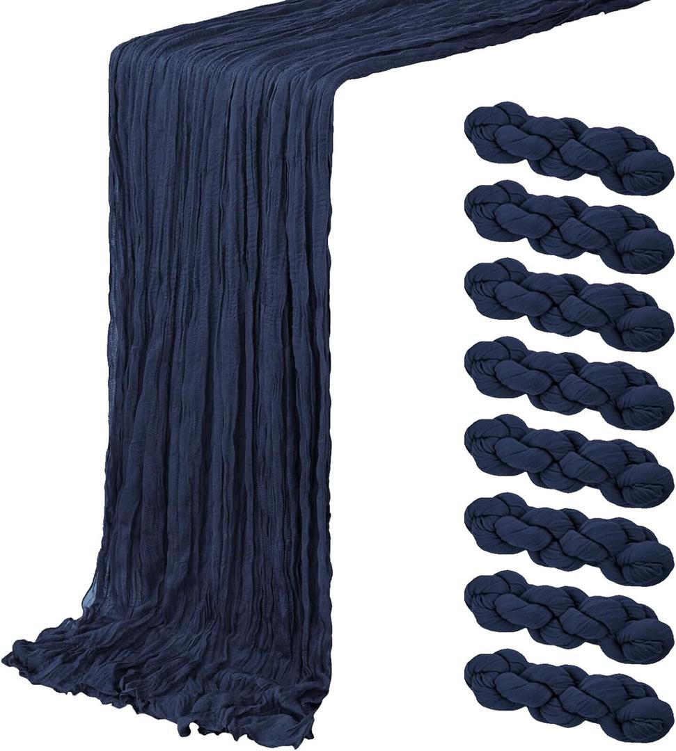 8 Pack Navy Blue Cheesecloth Table Runner 20 x 120 inch Gauze Table Runners 10 FT Long,Semi Sheer Boho Cheese Cloth Fabric Table Runner Bulk for Wedding,Party,Baby Shower,Bridal Shower Decoration