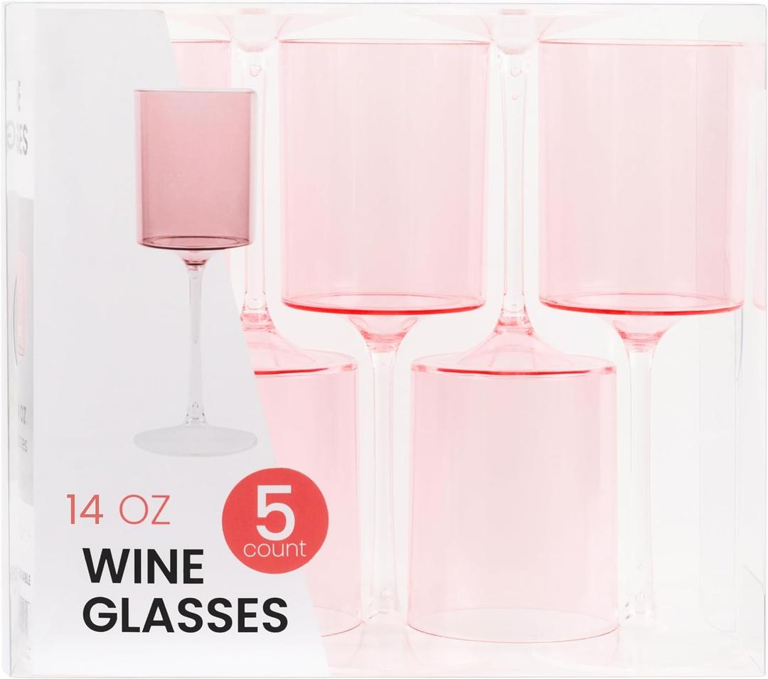 PLASTICPRO 10 Pack Plastic Wine Goblets 14 oz Two Tone Elegant Disposable Wine Glasses with Stem Reusable Hard Plastic Drinking Glasses for Parties Weddings, Pink and Clear