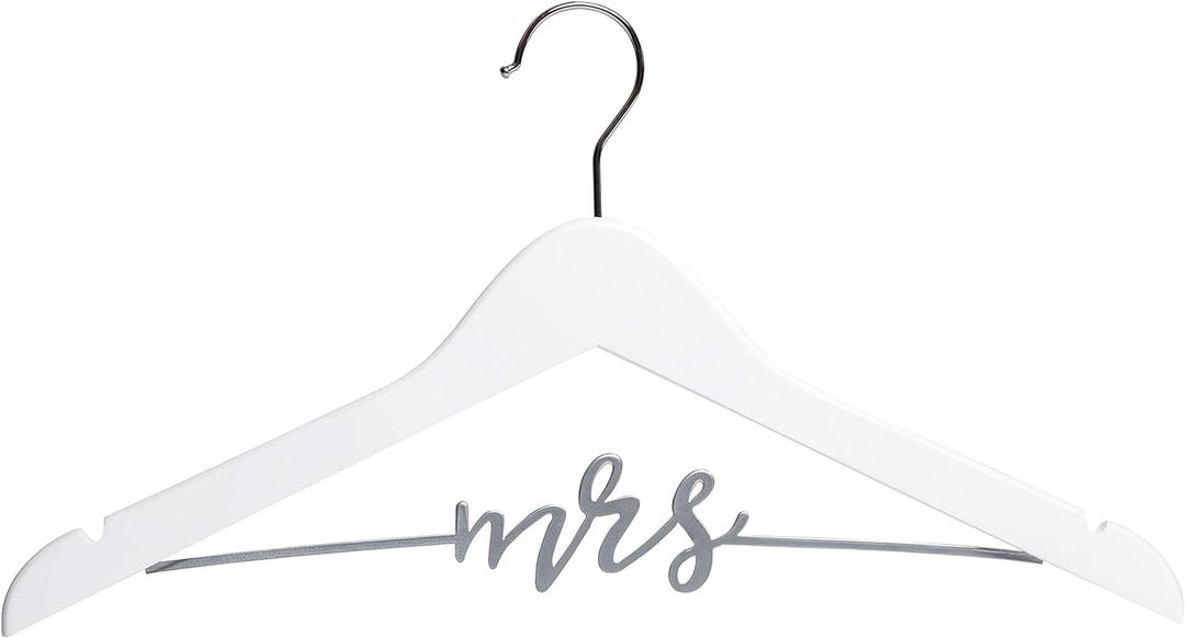 Pearhead Mrs. Wedding Dress Hanger  Elegant Wooden Bridal Keepsake with Cursive Wire Lettering, Perfect Photo Prop and Gift for Bride, White and Silver