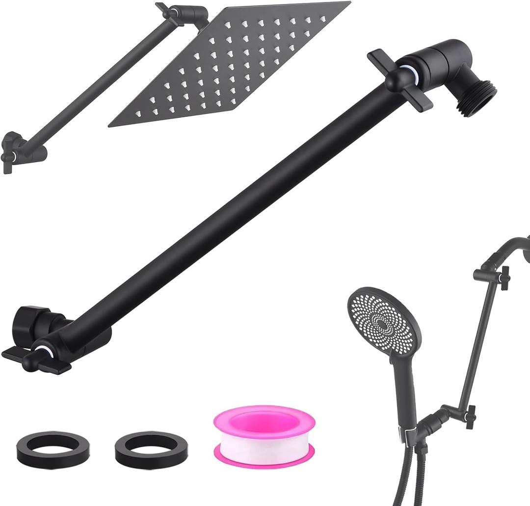 12-Inch Shower Head Extension Arm, Adjustable Shower Extension Arm, Stainless Steel Shower Arm Extender, Compatible with G1/2 Universal Connector, Black