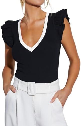 BONITEE Women Summer Ruffle Tops Sexy Deep V Neck Short Sleeve Shirts Trendy Casual Ribbed Slim Fitted Knit Tees Blouse, L