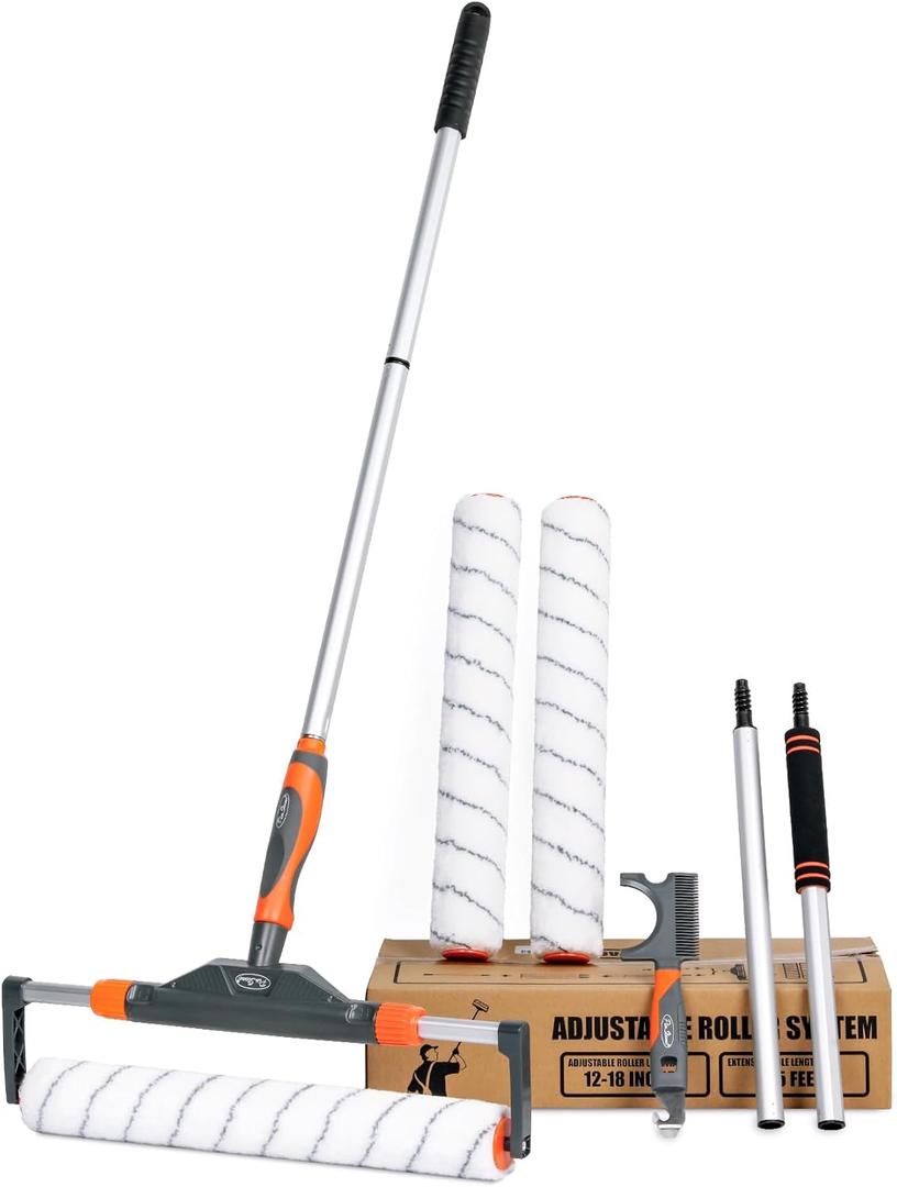 10pcs 12"-18" Adjustable Large Paint Roller Kit: 1-5Ft Aluminum Extension Poles, Brush & Roller Cleaner, Ergonomic Handle, 18" Nylon Covers for Walls,Ceiling,Floors,Interior,Exterior Painting