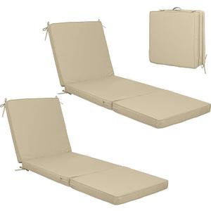 Chaise Lounge Cushions Outdoor Set of 2, Tri-Fold Lounge Chair Cushion with Hook & Loop Fasteners, Water Resistant Patio Furniture Replacement Cushion for Outdoor Pool, 71''L x 23.6''W x 3''T (Khaki)