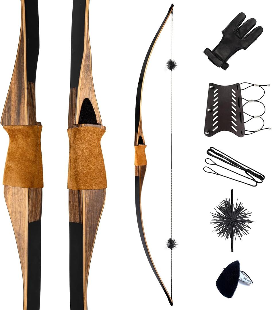 Deerseeker Outdoor Archery 64" Traditional Bow Set Hunting Longbow Reflex Deflex One-Piece Long Bow Laminated Bamboo Core Limbs Right Hand/Left Hand for Adults Bow Shooting (70lb, Black) Left Hand 