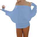 Women's Sexy Off The Shoulder Batwing Dress Loose Fit Ruched Casual Going Out Long Sleeve Night Club Mini Dress (Blue, M)