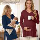 Sweetyweee 3 Pack Women's Thermal Maternity Shirts Fleece Lined Long Sleeve Tops Split Side V Neck Pregnancy Clothes(Wine Red, Navy Blue, Black,XX-Large)