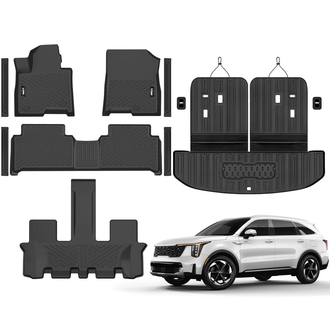 Floor Mats & Trunk Mat with Backrest Mat for 2021-2026 Kia Sorento Hybrid | All Weather TPE Rubber Cargo Liner Back Seat Cover 3rd Row for 2026 Sorento hybrid 6&7 Seats Accessories(Not for fuel)