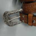 Eohak Western-Belt-for-Women-Cowgirl, PU-Leather-Waist-Belts with Vintage-Carved-Buckle and Tips-Ends for Jeans Pants Dresses (Medium, Shiny - Brown)