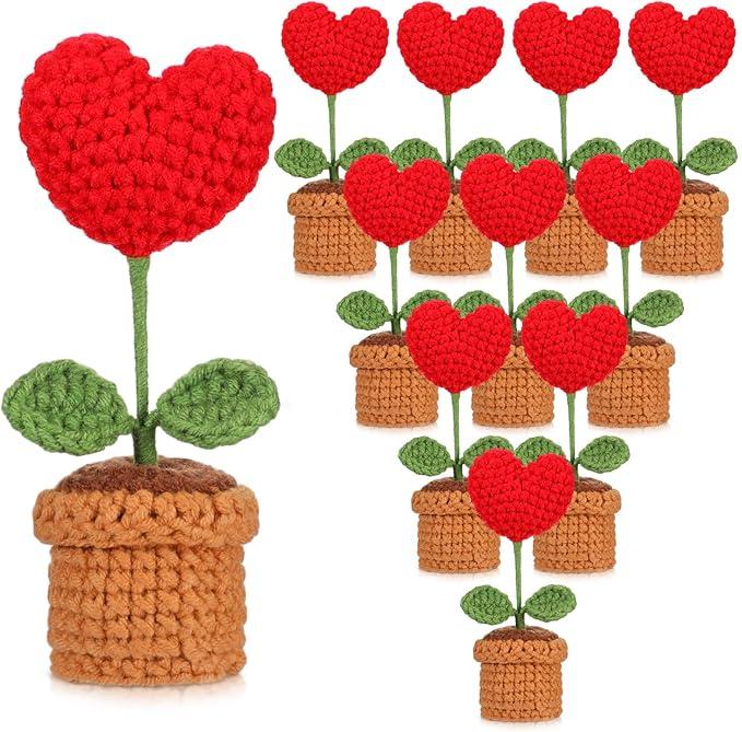 DoubleFill Crochet Heart Flowers Potted Plant Bulk Mini Mothers Day Gifts for Teacher Artificial Handmade Knitted Flower for Women Team Coworker Office Staff Nurse Appreciation Gifts(30 Pcs)