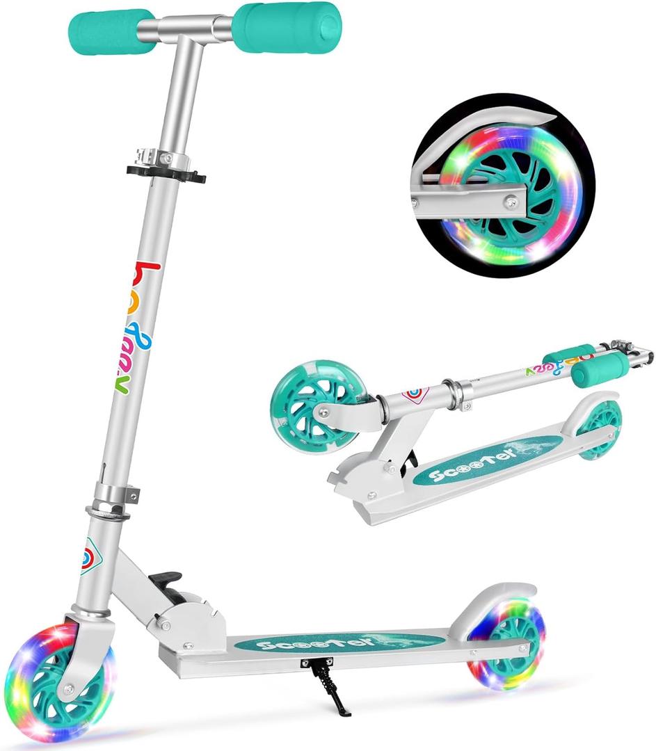 BELEEV V1 Scooters for Kids, 2 Wheel Folding Kick Scooter for Girls Boys, 3 Adjustable Height, Light Up Wheels, Lightweight Scooter with Sturdy Frame, Kickstand for Children 3 to 12 Years Old (Aqua)