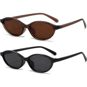 Retro Oval Sunglasses for Women Small Oval 90s Sunnies Trendy Narrow Cat Eye Vintage Shades 2 Pack