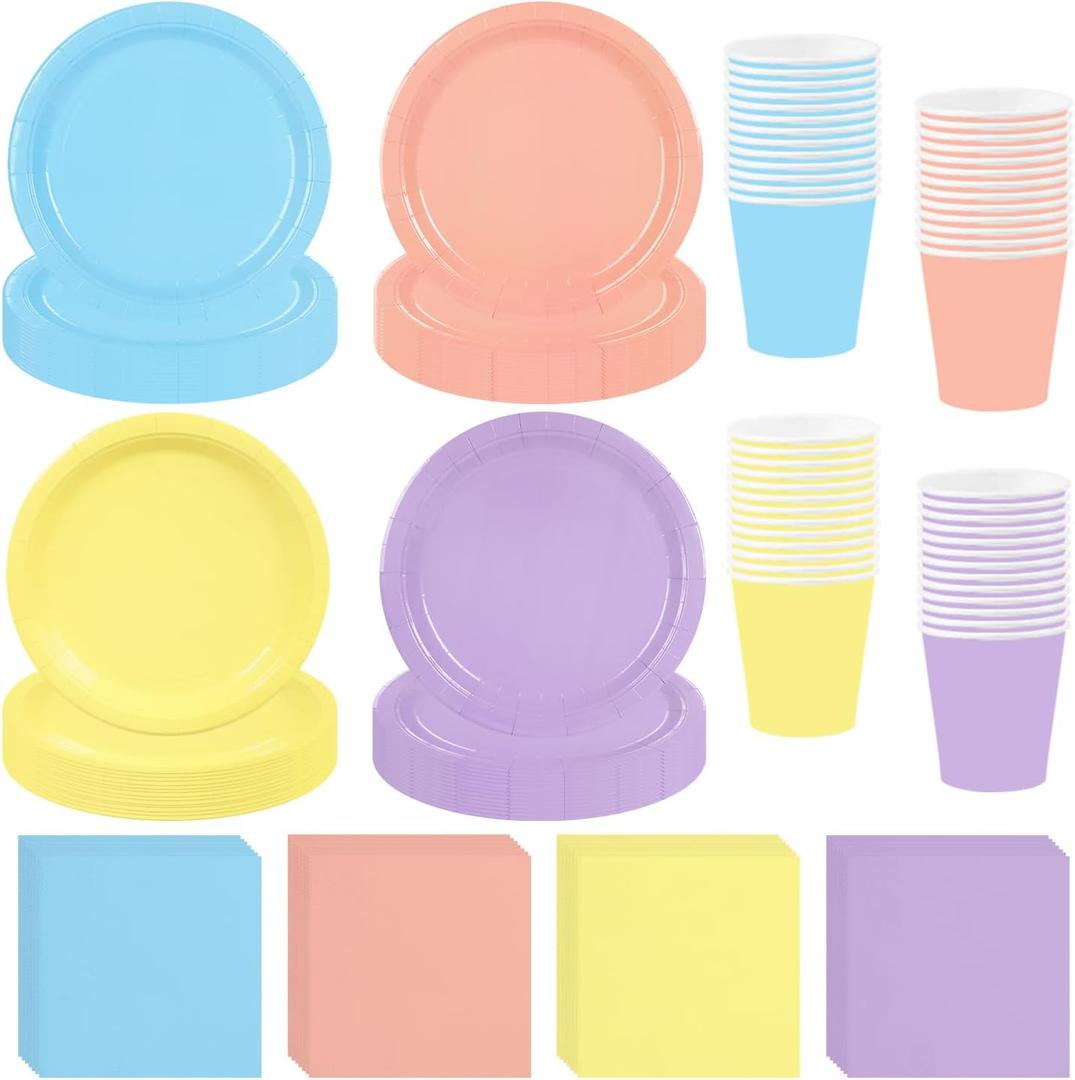 256 Pcs Pastel Party Supplies Paper Plates Cups Napkins Macaron Color Pink Cutlery Include Paper Plates Cups Napkins Pastel Mix Color Disposable Dinnerware Party Decorations for Baby Shower