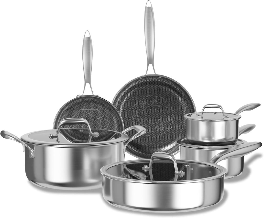 COOKER KING Non Stick Pots and Pans Set, 10pcs Hybrid Stainless Steel Cookware Set, Frying Pans, Saucepans, Sauté Pan & Stock Pot, Non Toxic, Oven & Dishwasher Safe, Induction & All Cooktop Compatible