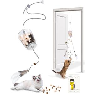 Interactive Cat Treat Dispenser Toy, Hanging Puzzle Toy for Slow Feeding & Cat Weight Loss, with Feather Teaser, Enrichment for Indoor Cats
