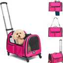 Large Pet Carrier with Wheels, Foldable Rolling Dog Carrier with Big Pocket, Cat Rolling Bag 21"x13"x13" for 2 Cats &Dogs, for Travel, Outdoor, Vet Visits, Camping, Indoor, Pink. (Not for Airline)
