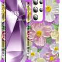 for Galaxy S24 Ultra Case,3 in 1 Oil Painting Flower Pattern Heavy Duty Shockproof Protection Soft Silicone Rubber Bumper+Hard Plastic Protective Cover for S24 Ultra 6.8",Purple/Pink