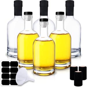 12 OZ Clear Glass Bottles with Cork, 6 Pack 375 ML Liquor Bottles with T-shaped Stopper Caps and PVC Shrink Capsules, Empty Heavy Base Bottles for Whiskey
