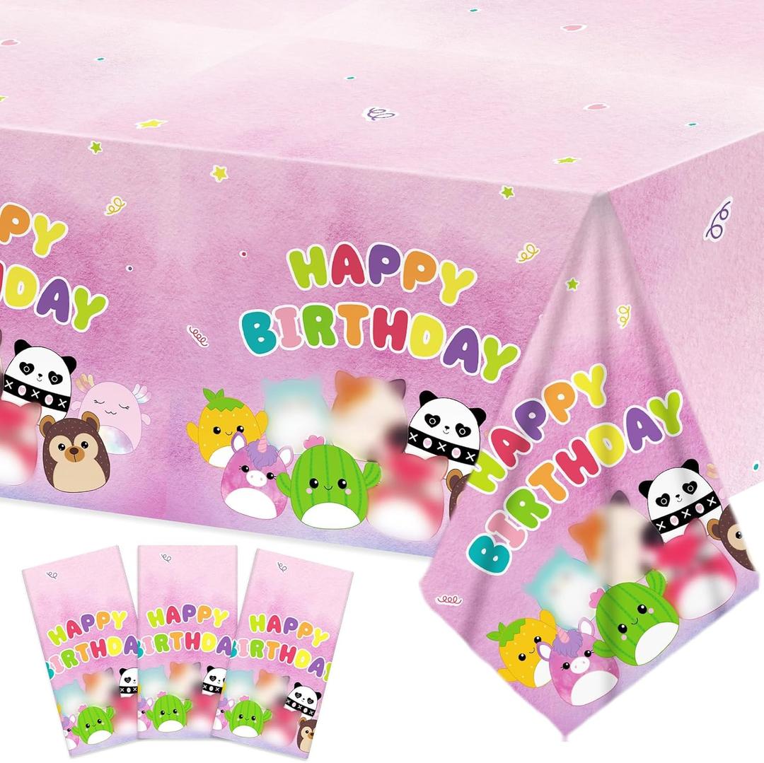 3Pcs Cute Animals Birthday Decorations Squish Animal Plastic Tablecloths Happy Birthday Pink Party Supplies Table Covers Squish Kawaii Animal Disposable Tablecloth for Kids Table Decor Favors