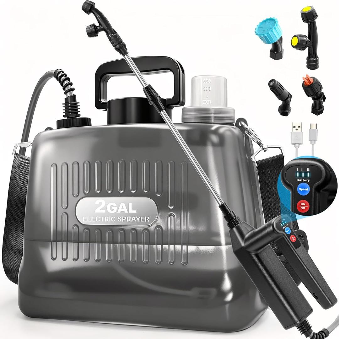 Battery Powered Sprayer 2 Gallon, Electric Weed Sprayer with 3 Adjustable Pressure Levels, 4 Nozzles & Extendable Wand, Rechargeable Garden Sprayer for Yard, Lawn, Plants & Fertilizer