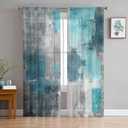 Turquoise Blue Grey Sheer Curtains 84 Inch Length 2 Panels Set for Living Room/Bedroom, Teal Abstract Art Painting Semi Curtain Sheers Drapes Rod Pocket Curtains Window Treatment Set