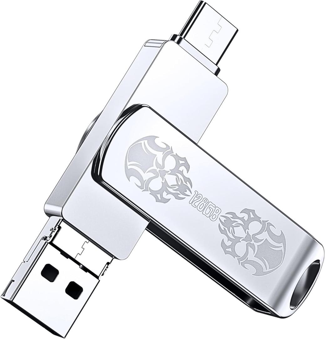 iPhone Flash Drive with128GB, Backup Photos Files in Among iPad Tablet Android Cell Phones PC MacBook, FYRIS Thumb Drive 3in1 with USB, USB-C & Lightning Plug, External Storage MFi Certified(Skull)