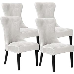 Wingback Chair Covers, Velvet Stretch Tufted Wingback Chair Cover Slipcover, Reusable Protector Arm Dining Chairfor Dining Room Banquet Home Decor, Machine Washable (White, Set of 4)