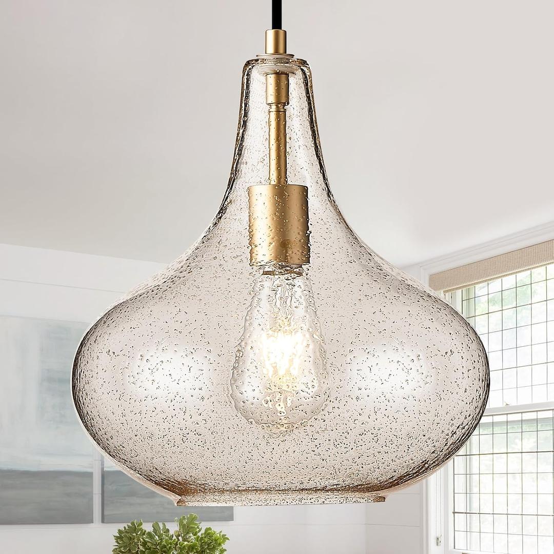 11" Gold Seeded Glass Pendant Light, Mid Century Kitchen Island Light, 12inch