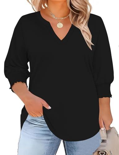 TFSDOD Black Tops for Women 3/4 Sleeve Tunic Dressy Casual V Neck Blouses Smocked Shirts Summer Tops for Women, Plus Size Tee 3X