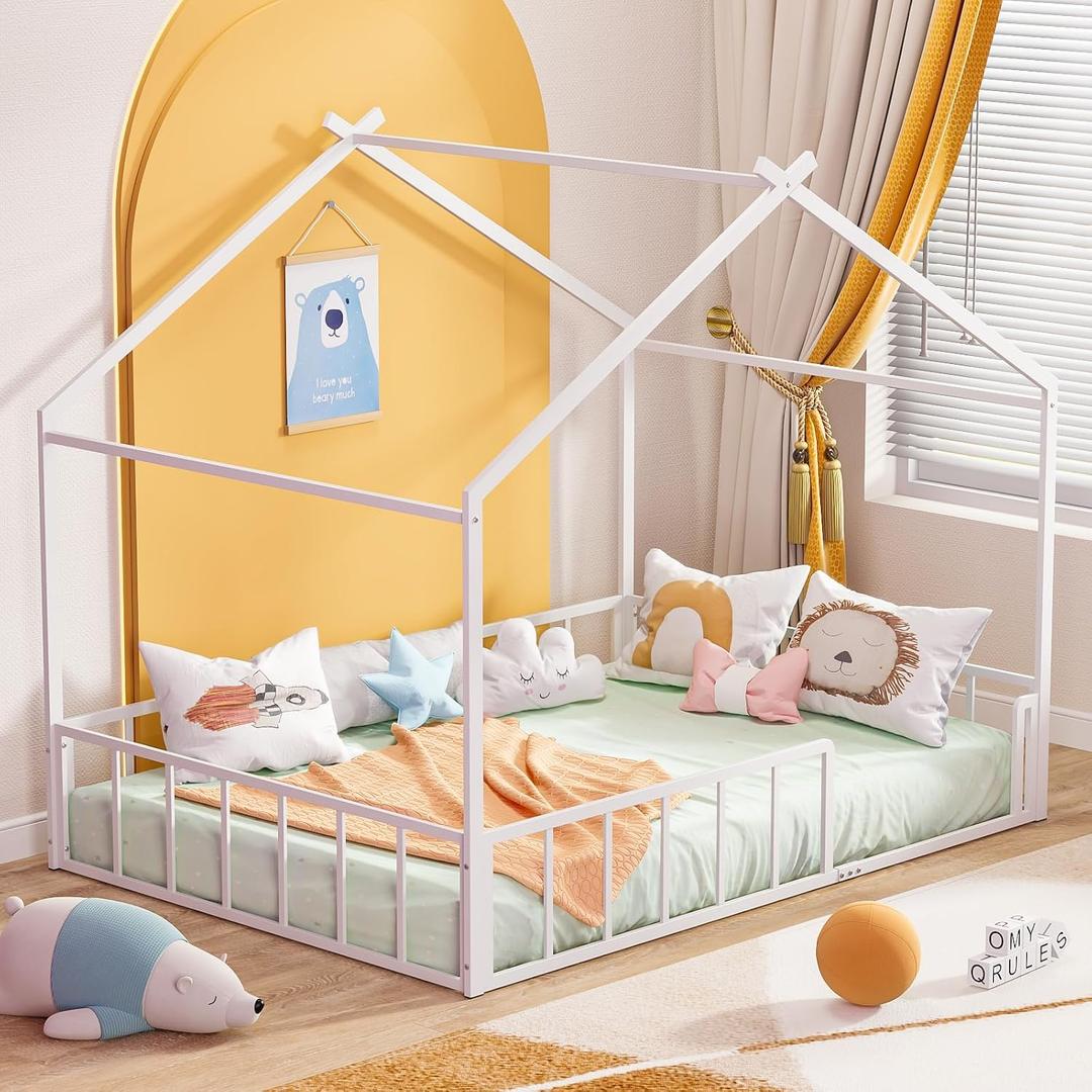 Timy Full Size House Shape Bed Frame Montessori House Bed with High Rails