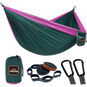 Camping Hammock, Super Lightweight Portable Parachute Hammock with Two Tree Straps Single or Double Nylon Travel Tree Hammocks for Camping Backpacking Hiking (Dark Green&fuchsia)