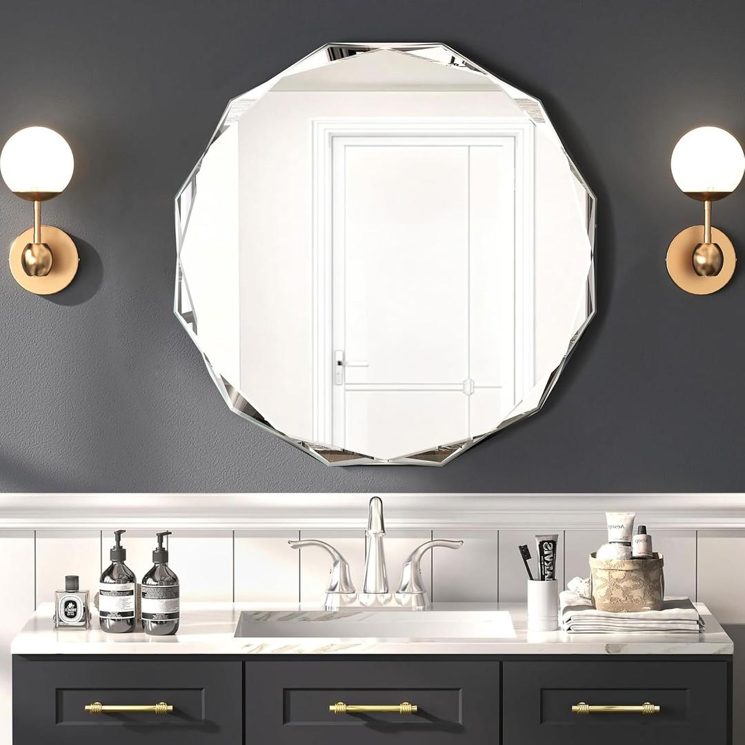 Bathroom Mirrors for Over Sink, Round Frameless Mirrors for Wall, 24x24 Inch Beveled Bathroom Mirror, Bathroom Vanity Circle Mirror for Bedroom Living Room Entryway Home Decor
