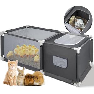 49.6"x19.7"x19.7" Brooder Box for Chicks with Dual Zipper Doors, Oxford Fabric & Mesh Chicken Brooder Box with Two-Zone, Small Animals Playpen Indoor Outdoor for Chicks, Ducks, Kitten, Puppy, Rabbits, Gray