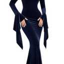 Women's Off The Shoulder Velvet Maxi Wedding Dress Long Bell Sleeve Mermaid Formal Evening Party Gown Fall Winter Spring for Wedding Guset,Wine Red.L
