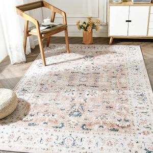 jinchan Area Rug 3x5 Entryway Rug - Washable Vintage Boho Floral Floor Cover Lightweight Low Pile Indoor Doormat Thin Non-Slip Carpet for Kitchen Living Room Bedroom Dining Room Office Pink Blush (3' x 5' (Rectangular), Distressed Pink)