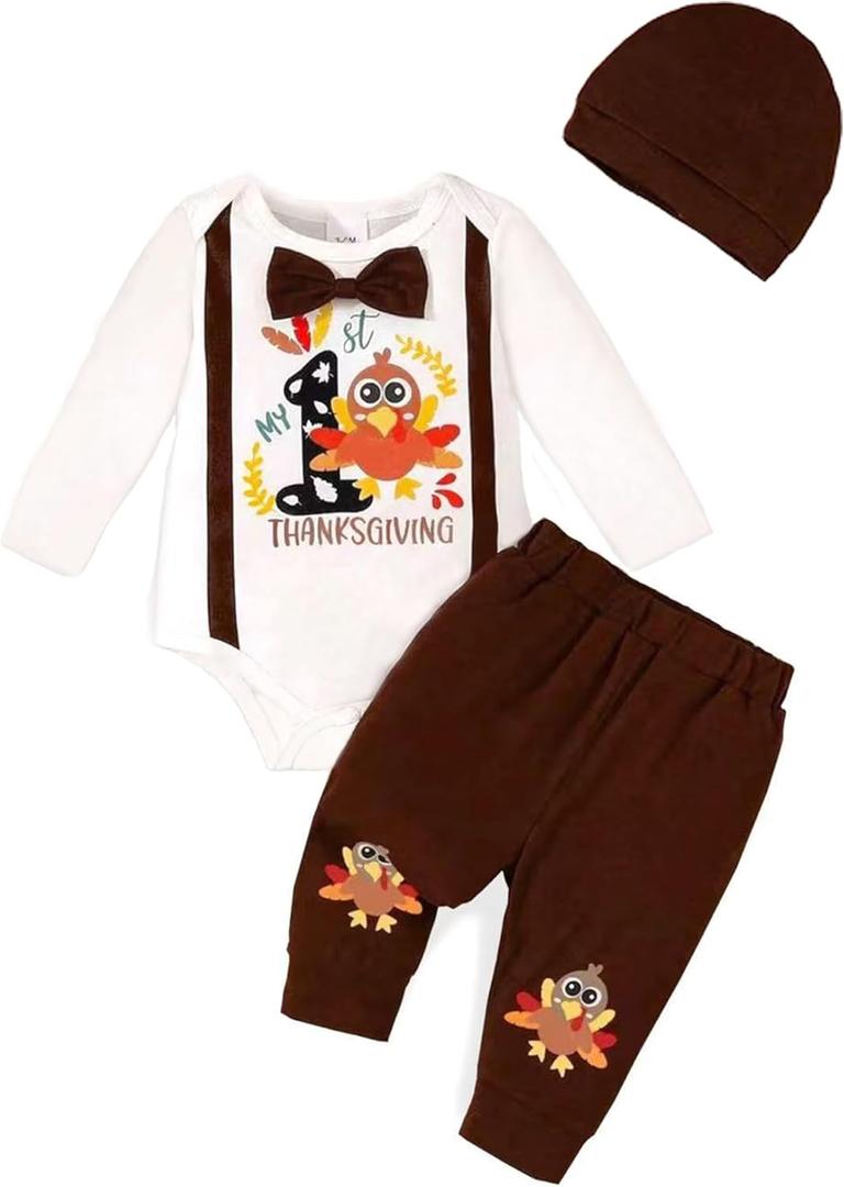 Newborn Baby Boy Clothes Boy Outfit Infant Romper Winter Fall Long Sleeves Pants Set Hat 3PC (0-3 Months, White-tgv)