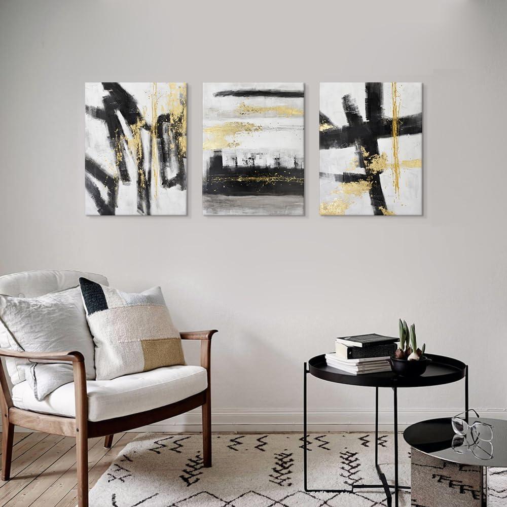 7Fisionart Black and White Abstract Canvas Wall Art 3 Piece Gold Painting Modern wall Decor Canvas Print Framed Artwork for Living Room Office Bedroom Ready to Hang 12" x 16" x 3pcs