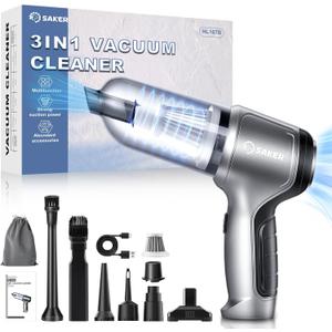 Saker Car Vacuum Portable Cordless 3 in 1 Handheld Car Vacuum 15000PA High Power with Brushless Motor and TypeC for Christmas Cars,Office,Home Cleaning HL107B (Silver)