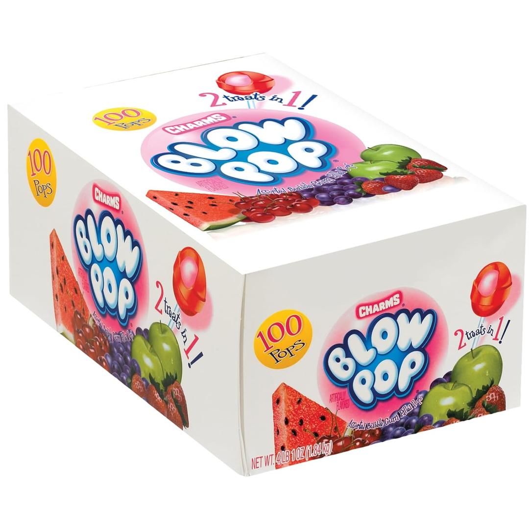 Charms Blow Pop Lollipops - Individually Wrapped Dual Candy and Gum Suckers - Peanut Free, Gluten Free - Bulk Treat for Kids and Adults - Assorted Flavors, 100 Count (4 lb 1 oz.), BBD: 09/2027