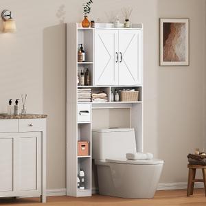 Over the Toilet Storage Cabinet, 31”W Bathroom Organizer with Double Doors, Above Toilet Rack, Detachable Toilet Paper Holder for Bathroom & Laundry Room White, 31in