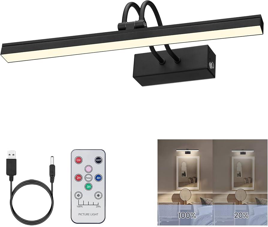 FUNCHDAY Wireless Picture Lights,Rechargeable Battery Picture Light for Paintings with Remote, Dimmable Dartboard Light with Timer,16“ Full Metal Art Light for Wall Frame Portrait Black